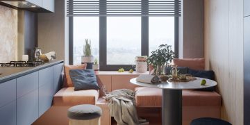 Modern 9m2-es konyha párnázott ülőhelyekkel az ablak előtt, társasági élethez tervezve
