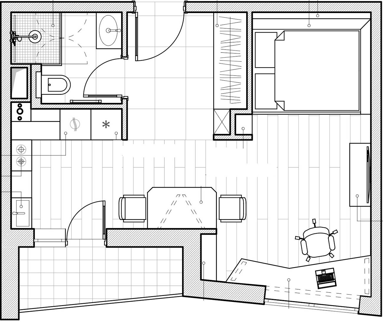 Orvostanhallgató új 31m2-es lakása modern berendezéssel, monokróm enteriőr sárga kiegészítő színnel