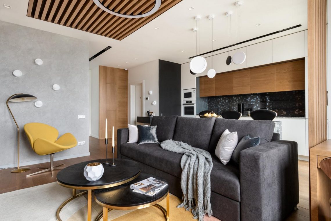 Természetes anyagok, kő, fa és kontrasztos, modern dekoráció 56m2-en - fiatal nő kétszobás lakása