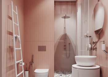 Terrazzo padlóburkolat, lágy rózsaszín árnyalatok és kerek formák modern fürdőszobában