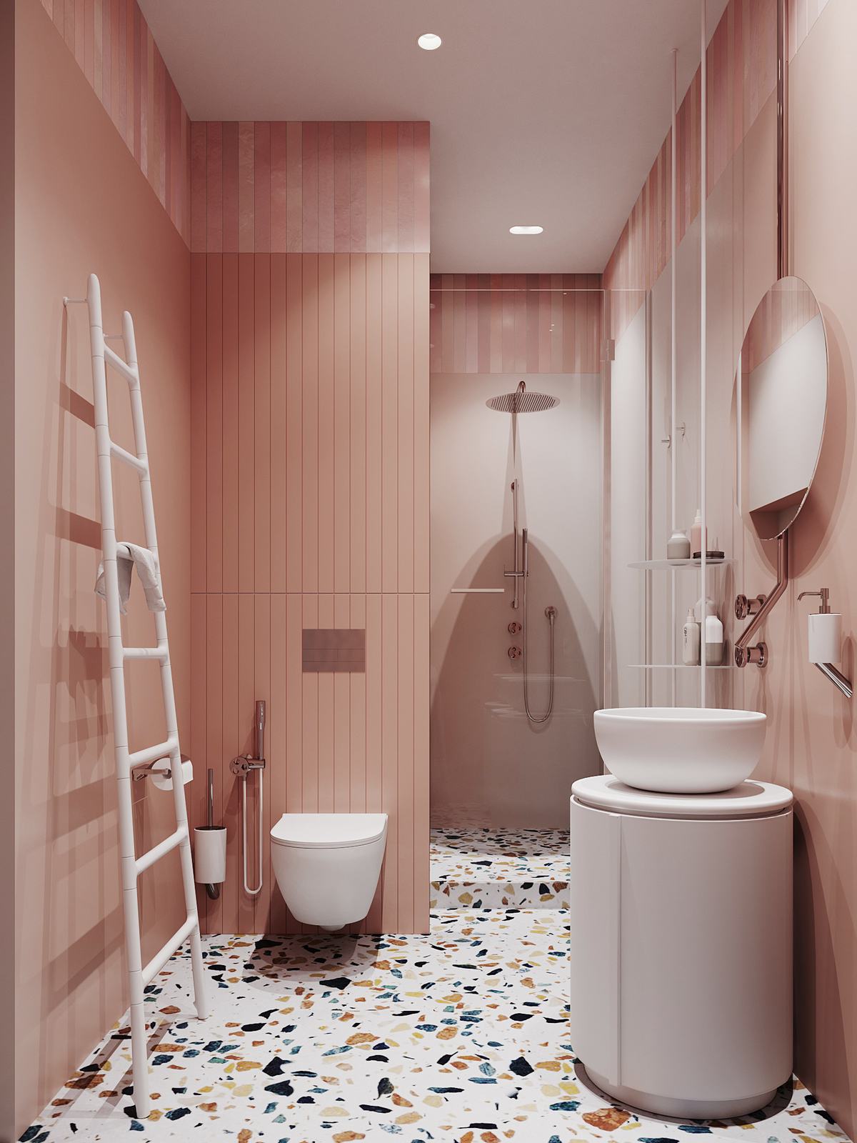 Terrazzo padlóburkolat, lágy rózsaszín árnyalatok és kerek formák modern fürdőszobában