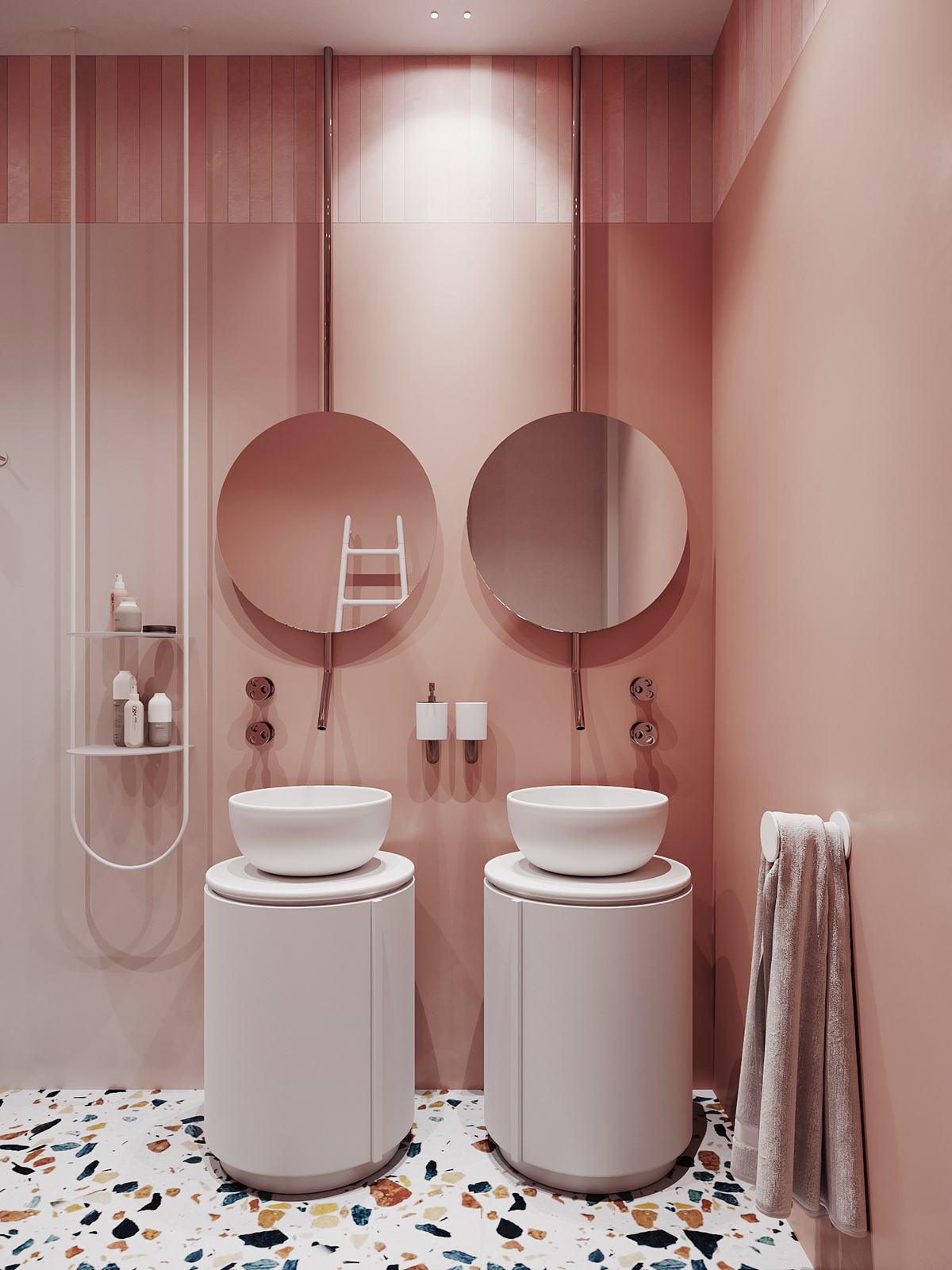 Terrazzo padlóburkolat, lágy rózsaszín árnyalatok és kerek formák modern fürdőszobában