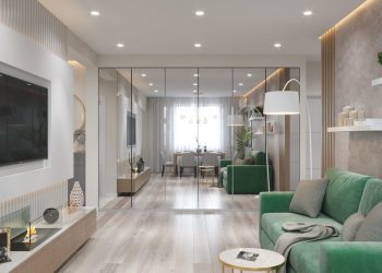 Fiatal család 89m2-es otthona lágy, semleges alapszínnel - zöld kiegészítők, üveg tolóajtóval leválasztott tágas konyha