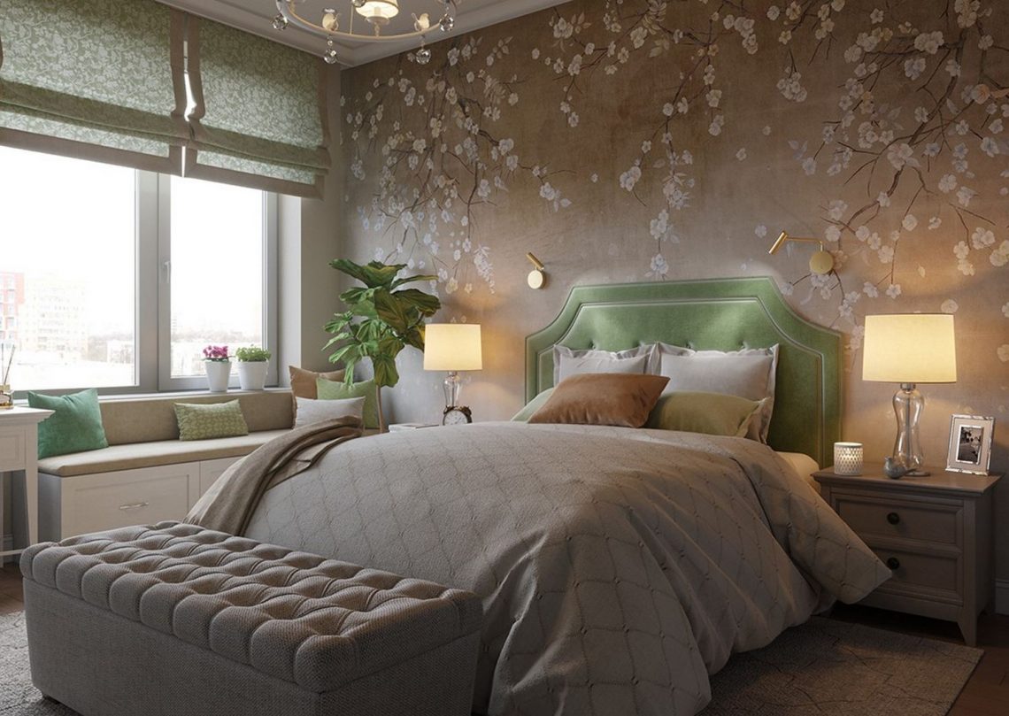 Szép hálószoba dekoráció cseresznyevirágzás mintájú tapétával - zöld kiegészítők, párnázott ülőke ablak előtt, épített besétálós gardrób