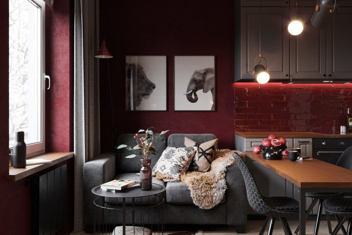 Szokatlan, merész, egyedi dekoráció fiatal férfi 38m2-es lakásában, burgundi vörös, narancs és szürke árnyalatok