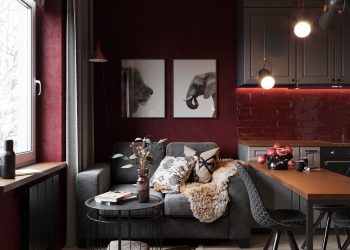 Szokatlan, merész, egyedi dekoráció fiatal férfi 38m2-es lakásában, burgundi vörös, narancs és szürke árnyalatok