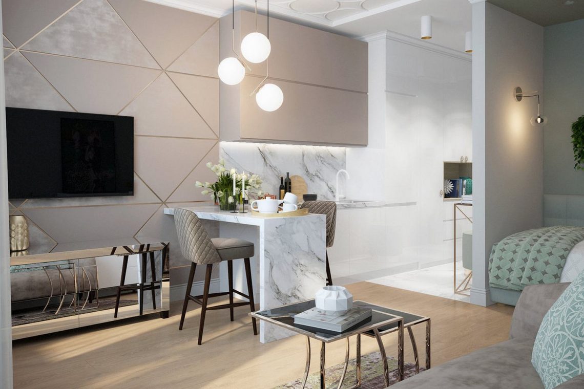 Elegáns bútorok, logikus elosztás, lágy színek fiatal lány 32m2-es lakásának berendezésében