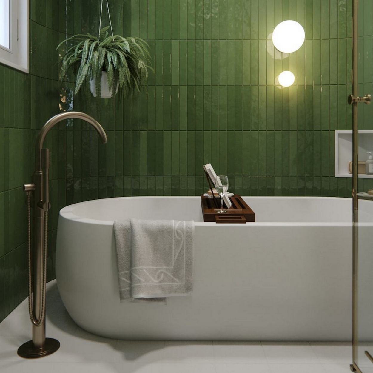 Réz kiegészítők, szép zöld fürdőszoba csempe modern szabadon álló káddal