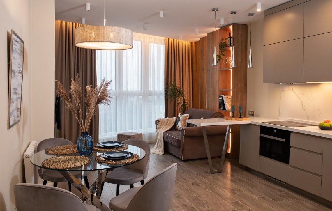 Bézs színpaletta, kényelmesre hangolt enteriőrök - 57m2-es lakás berendezése