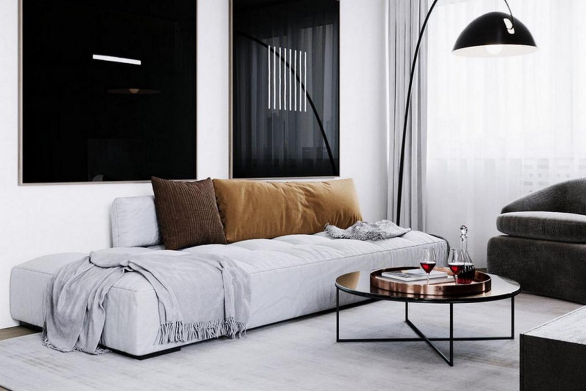 Elegáns sötét konyhabútor, modern, kontrasztos dekoráció 54m2-es, háromszobás lakásban