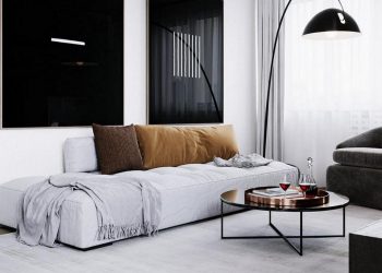 Elegáns sötét konyhabútor, modern, kontrasztos dekoráció 54m2-es, háromszobás lakásban