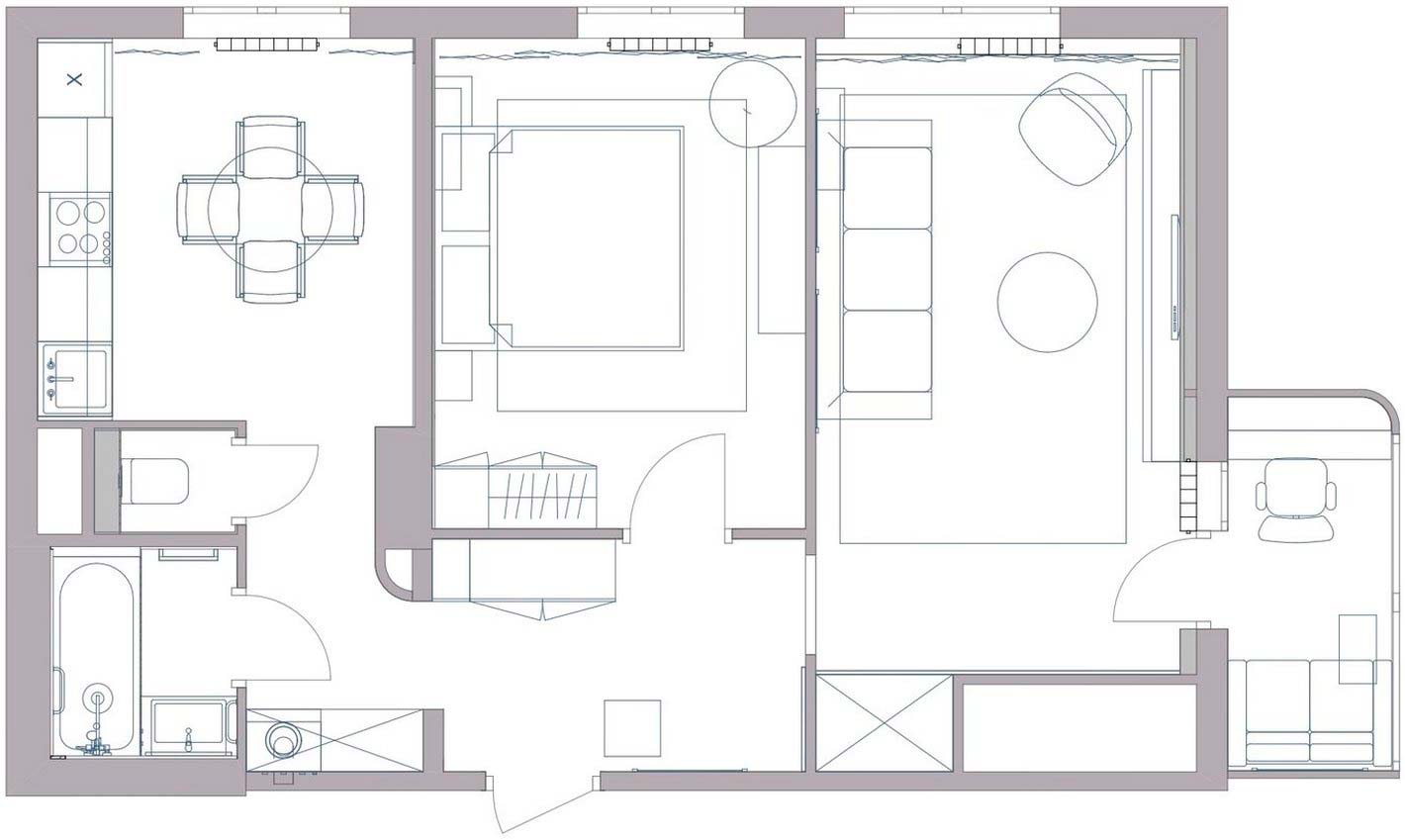 Elegáns sötét konyhabútor, modern, kontrasztos dekoráció 54m2-es, háromszobás lakásban