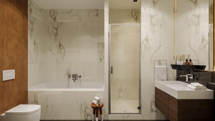 Fürdőkád és zuhanyfülke egymás mellett kiépítve, márvány fürdőszoba burkolat