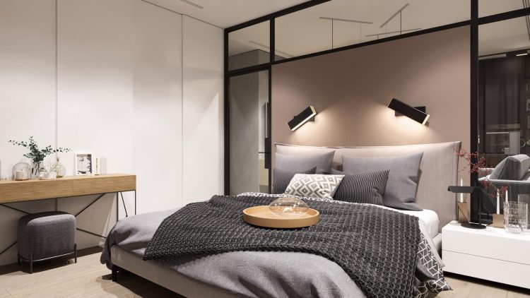 Hálószoba fal ágy mögött, két szélén és mennyezet alatt sávban tükrökkel díszítve