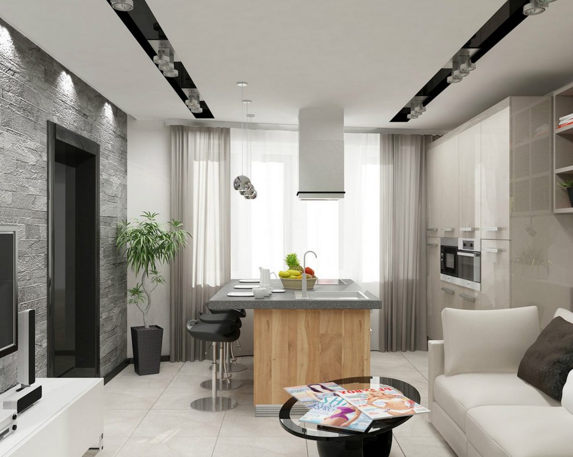 Konyhasziget, fényes felületek, szürke kő falburkolatok fiatal család 71m2-es modern otthonában