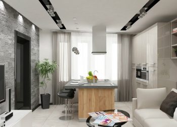 Konyhasziget, fényes felületek, szürke kő falburkolatok fiatal család 71m2-es modern otthonában