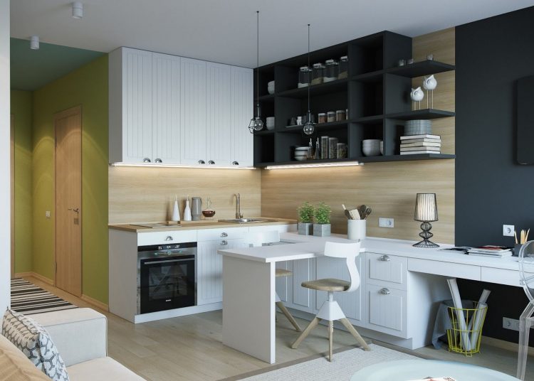 Lány kis lakása pasztell színek, fehér, szürke és fa felületek kombinációjával, modern, praktikus berendezés