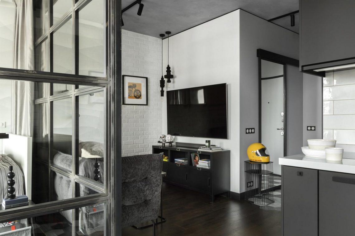 Fiatal pár 40m2-es új lakása, az adottságokhoz igazítva az elosztást, loggia beépítés - monokróm színpaletta, üvegfallal leválasztott hálószoba