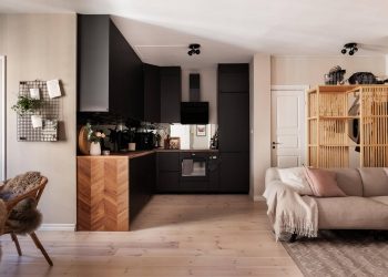 Látványos sötét konyha, érdekes elosztás, gyerekszoba 58m2-en