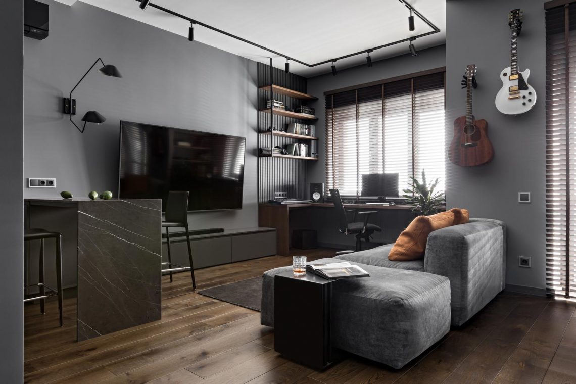 Legénylakás, férfias karakter 44m2-en - monokróm színpaletta szürke árnyalatokkal, minimalista stílus