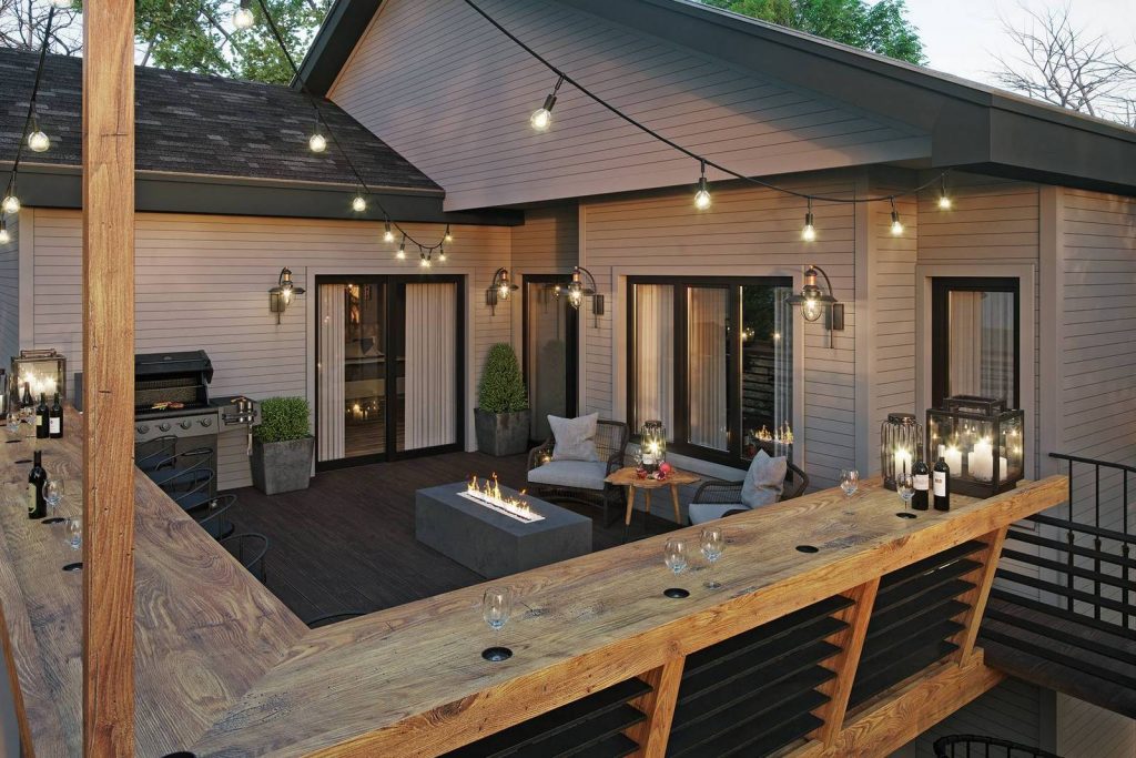 Nyitott terasz stílusos kialakítása, modern kültéri tűzhely, hosszú pult, kerti grill