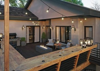 Nyitott terasz stílusos kialakítása, modern kültéri tűzhely, hosszú pult, kerti grill