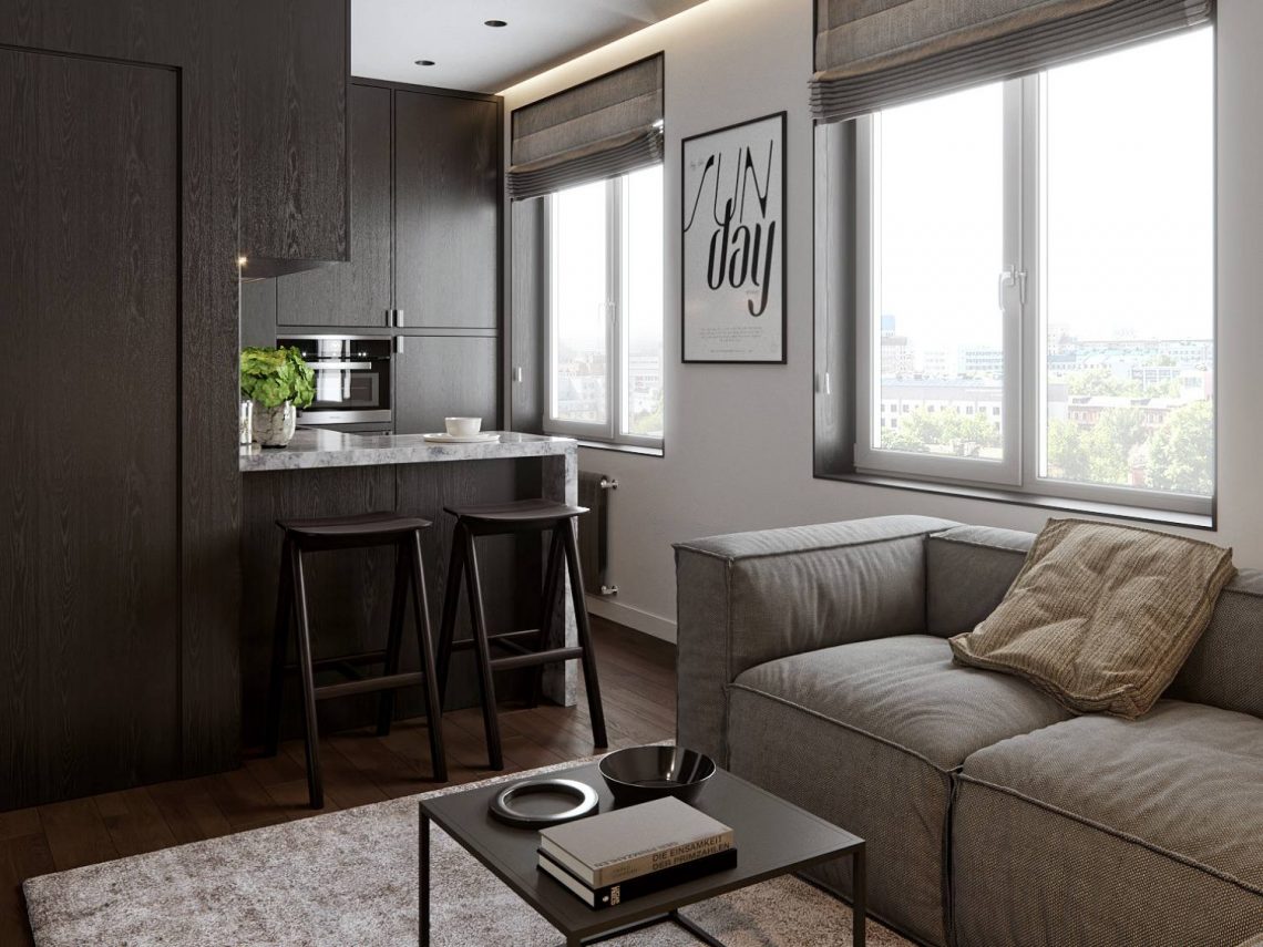 Sötét bútorok, világos falak - férfi kis lakása, modern, letisztult berendezéssel