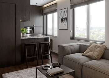 Sötét bútorok, világos falak - férfi kis lakása, modern, letisztult berendezéssel