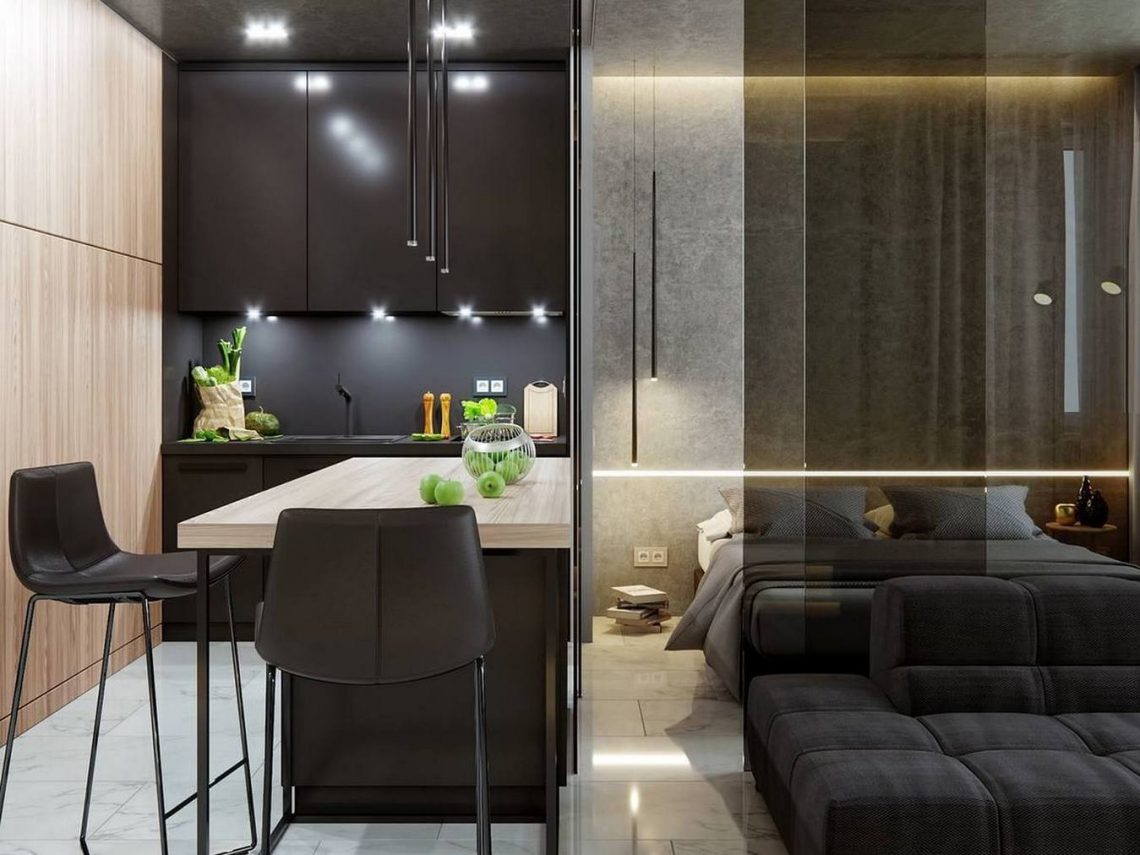 Színezett üveg térelválasztó fal 38m2-es lakás egyetlen helyiségének zónákra osztásához