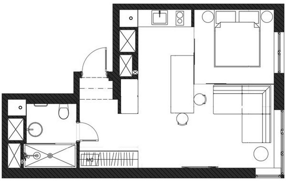 Színezett üveg térelválasztó fal 38m2-es lakás egyetlen helyiségének zónákra osztásához