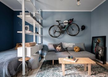 Térelválasztás színárnyalatokkal és könyvespolccal - kis lakás karakteres elemekkel és tágas konyhával