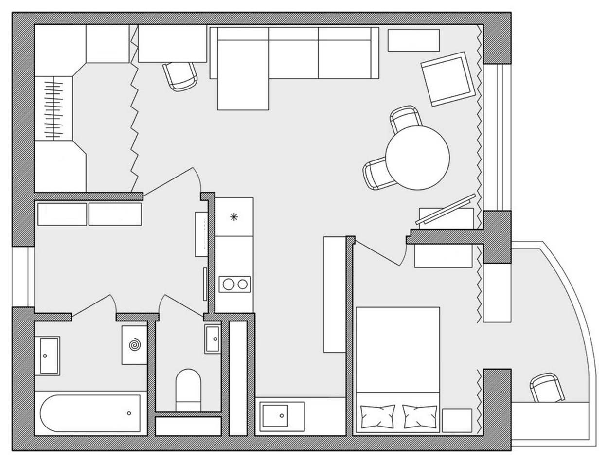 Praktikus, költségkímélő berendezés fiatal pár 44m2-es otthonában, felújítás az elosztás átszervezésével - külön hálószoba az eredetileg nagy konyha csökkentésével, IKEA bútorok