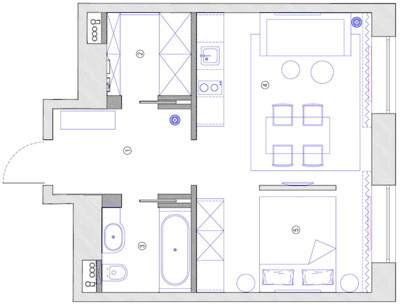 Elegáns kis lakás berendezés sötét színek és fa kombinációjával 36m2-en