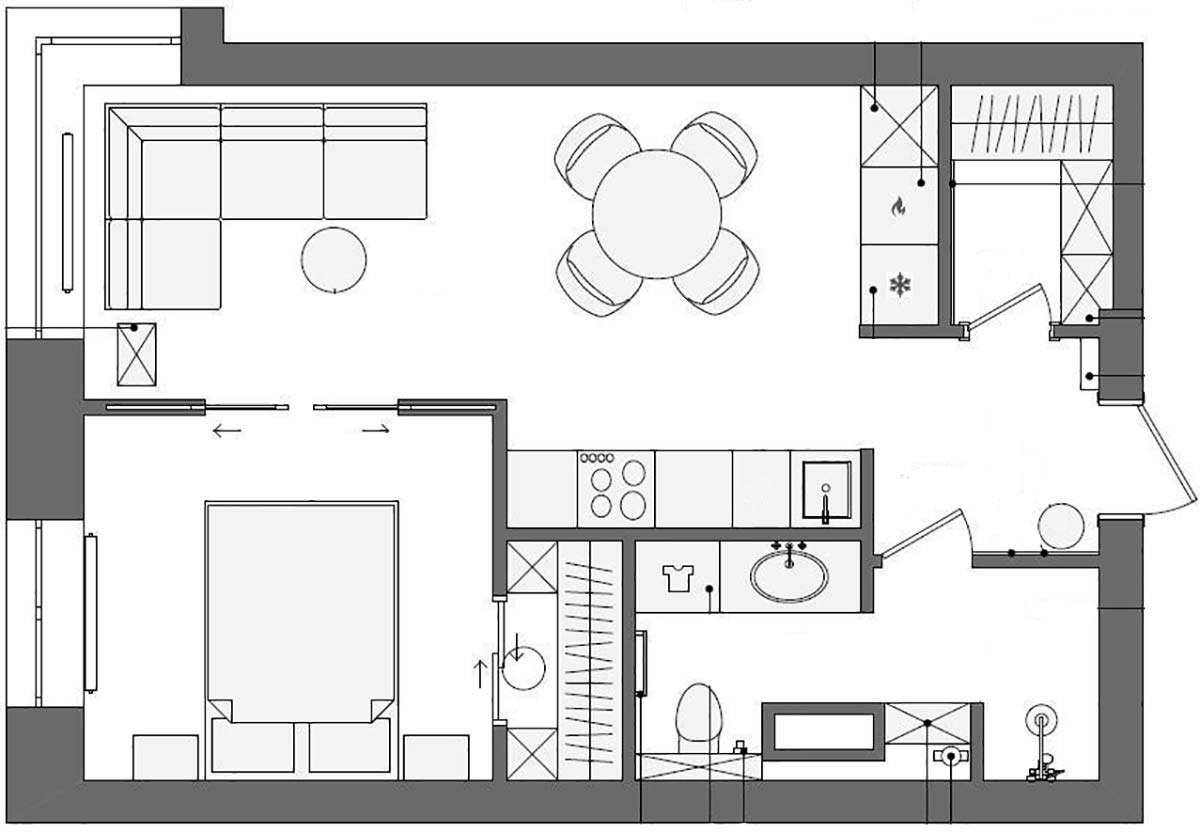 Kis lakás külön hálószobával és gardróbhelyiséggel, praktikus elosztás tágas konyha - étkezővel