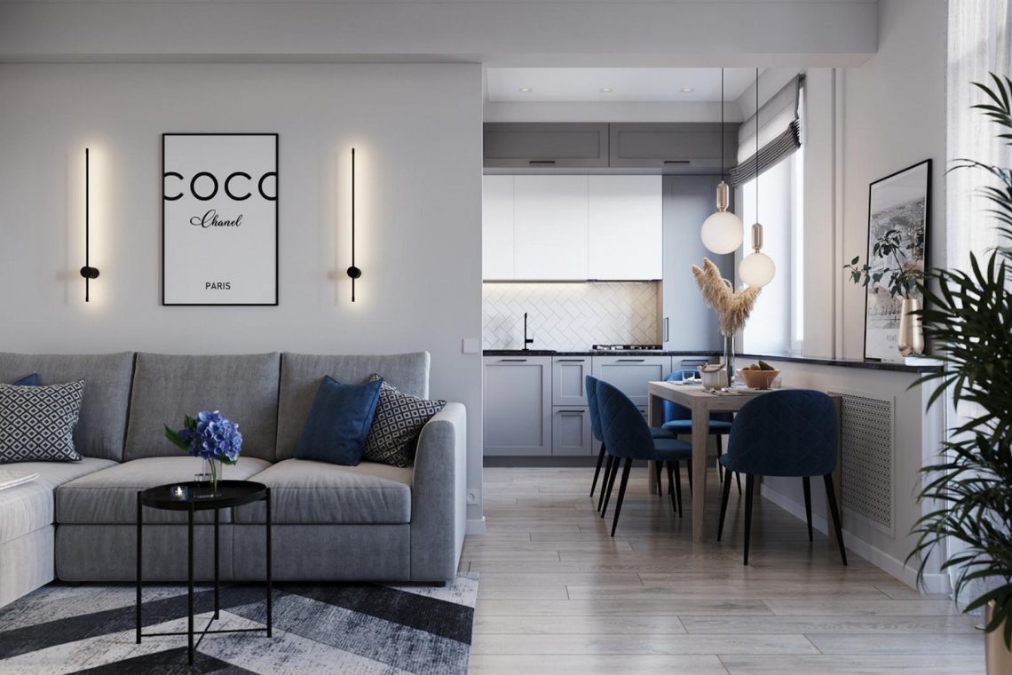 Szürke, tengerészkék és fa elegáns kombinációja 63m2-es, kétszobás, modern lakásban