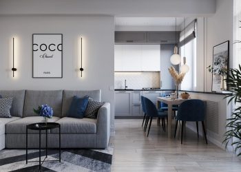 Szürke, tengerészkék és fa elegáns kombinációja 63m2-es, kétszobás, modern lakásban