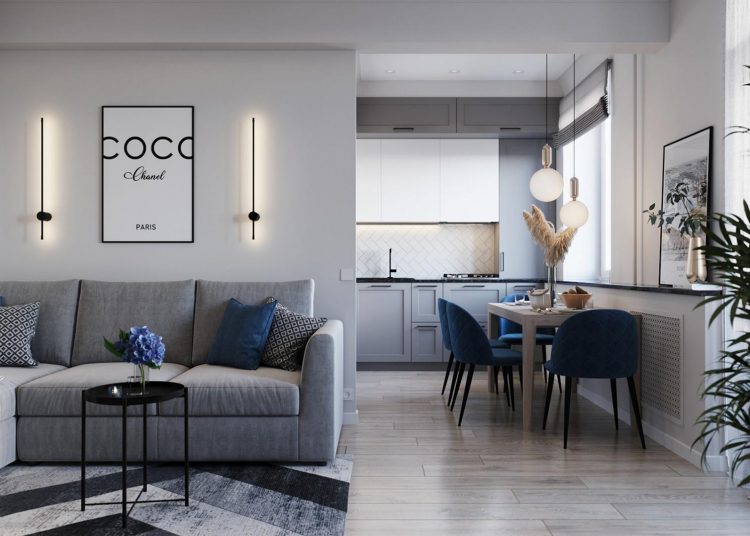 Szürke, tengerészkék és fa elegáns kombinációja 63m2-es, kétszobás, modern lakásban