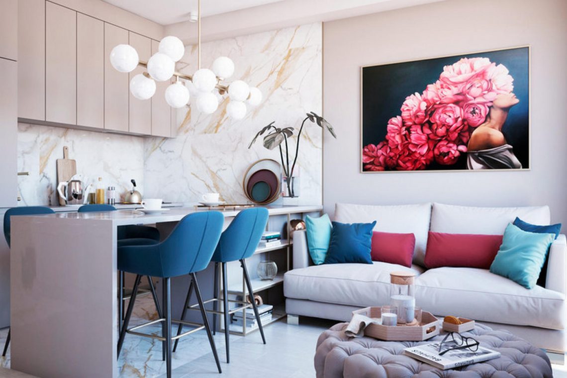 Egyszobás lakás nagyon elegáns és otthonos berendezése, meleg, semleges alapszínnel