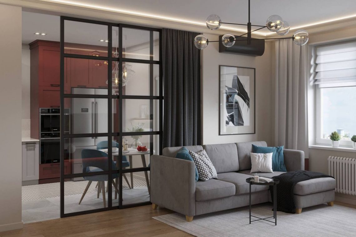 Elegáns konyha, szép színek, eltolható üvegezett térelválasztó 65m2-es lakásban