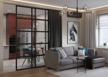 Elegáns konyha, szép színek, eltolható üvegezett térelválasztó 65m2-es lakásban