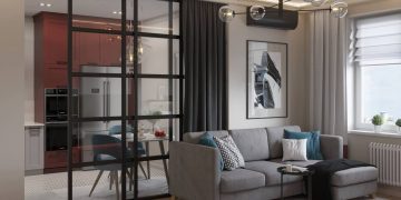 Elegáns konyha, szép színek, eltolható üvegezett térelválasztó 65m2-es lakásban