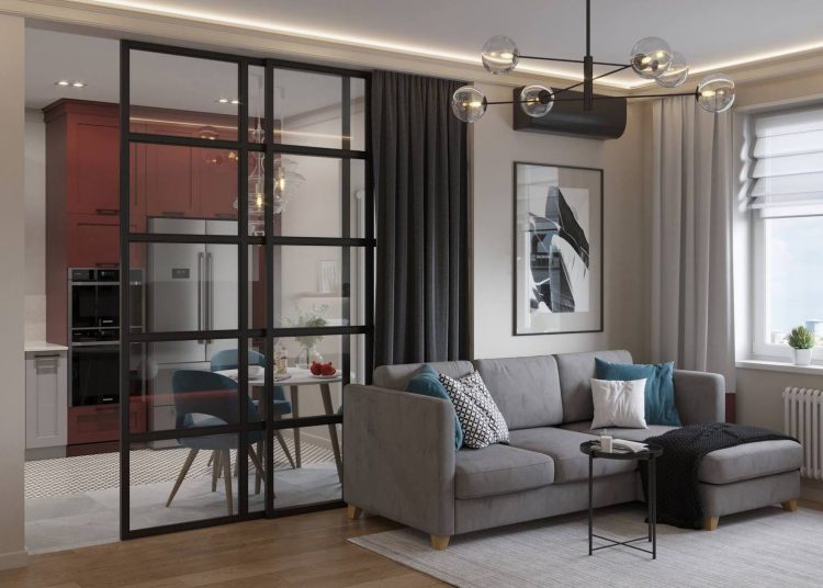 Elegáns konyha, szép színek, eltolható üvegezett térelválasztó 65m2-es lakásban