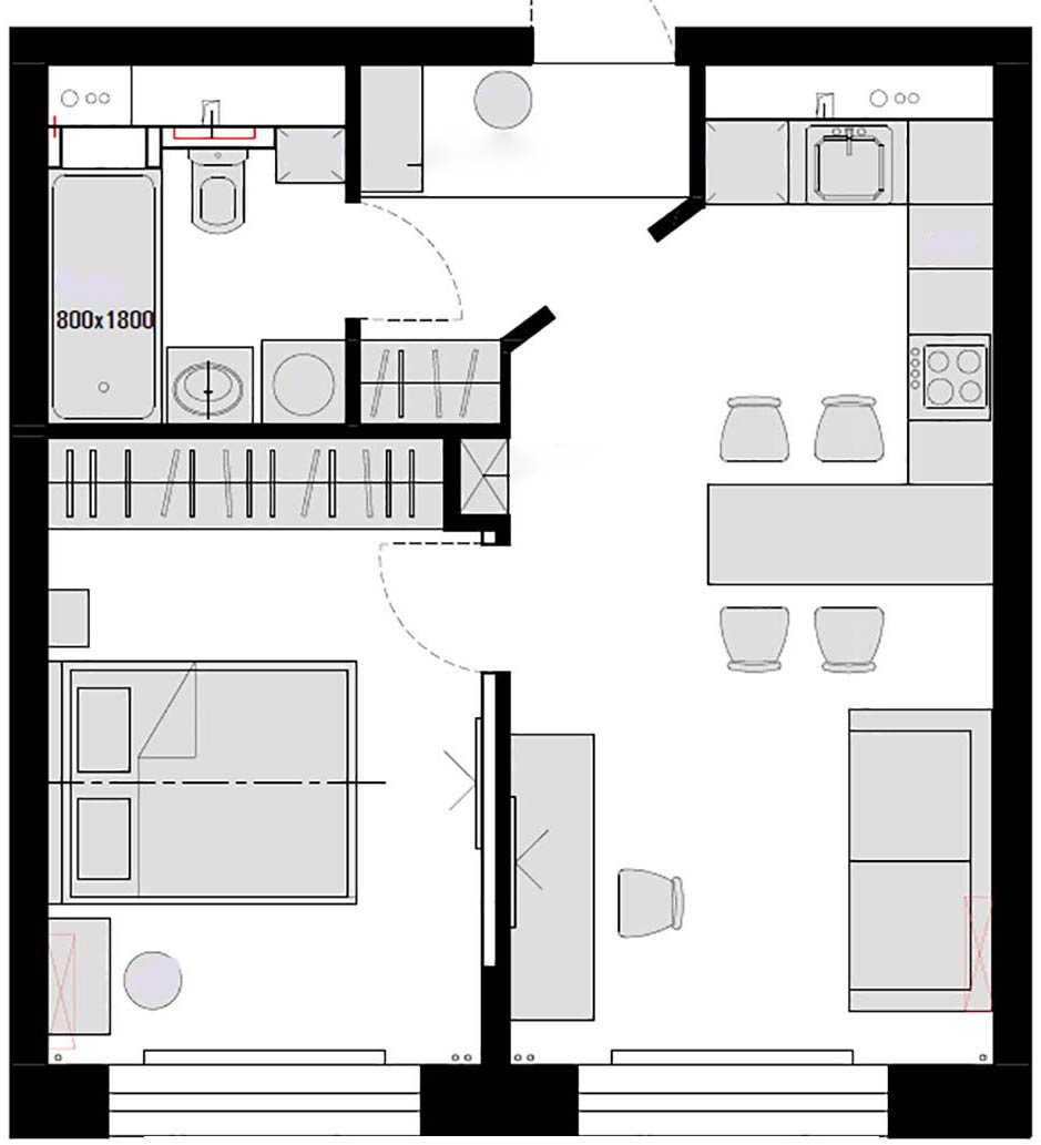 Fehér konyha és lágy színek, fiatal első otthona 43m2-en - szabályos négyzet alaprajz, két szoba