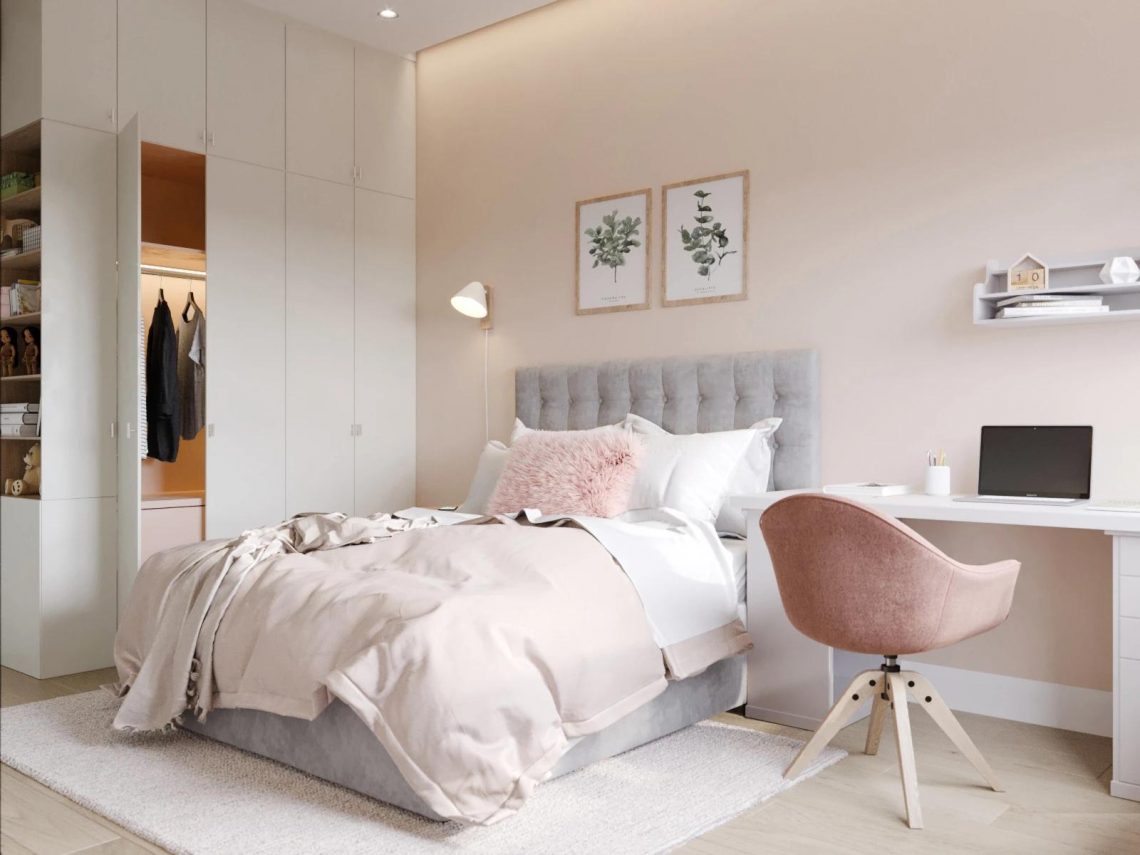 Finom, könnyű enteriőr 61m2-en, család otthona sok tiszta fehérrel, háromfős családnak optimális elosztás külön szobákkal