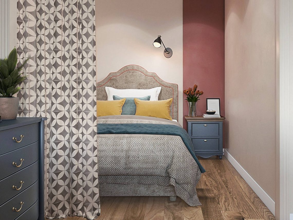 Szép példa 30m2-es lakás hangulatos dekorációjához kellemes színek, minták harmóniájával