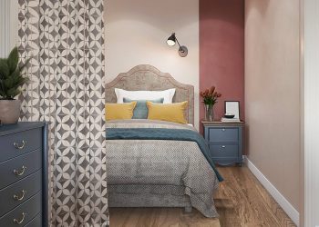 Szép példa 30m2-es lakás hangulatos dekorációjához kellemes színek, minták harmóniájával