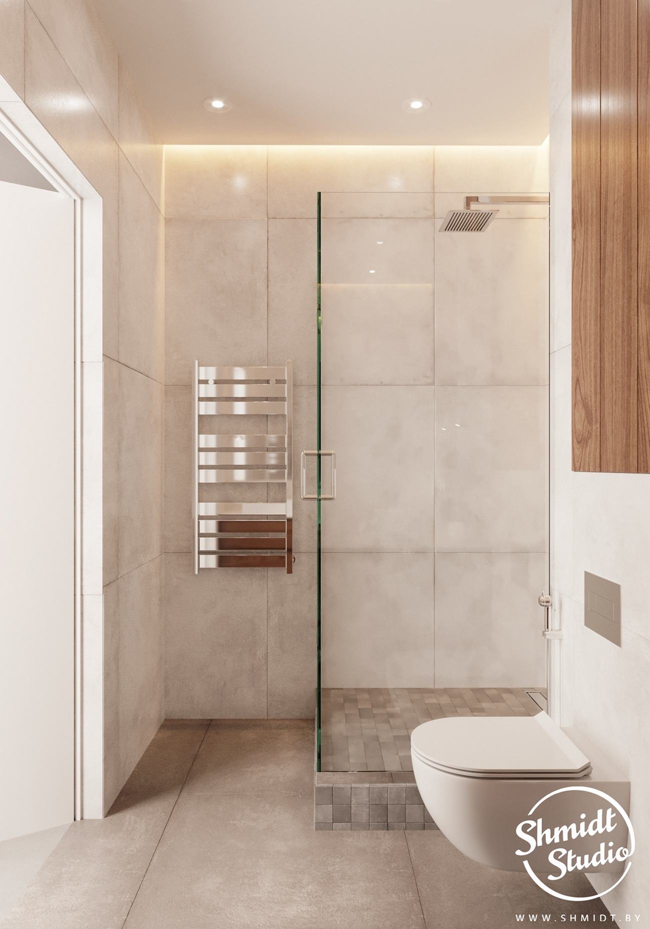 Szép semleges színárnyalatok és egy mélykék kanapé fehérrel kombinálva egyszobás lakásban