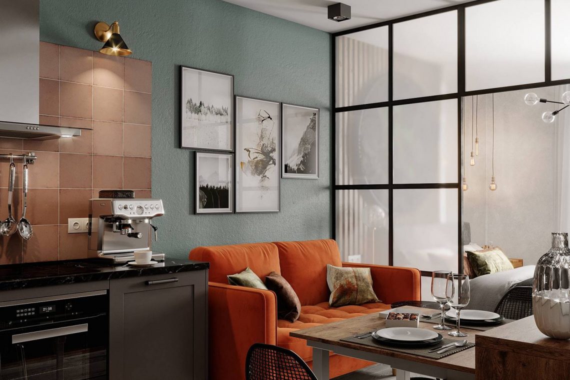 Szép példa üvegfalas térelválasztásra és tökéletes helykihasználásra egy hangulatos 30m2-es lakásban