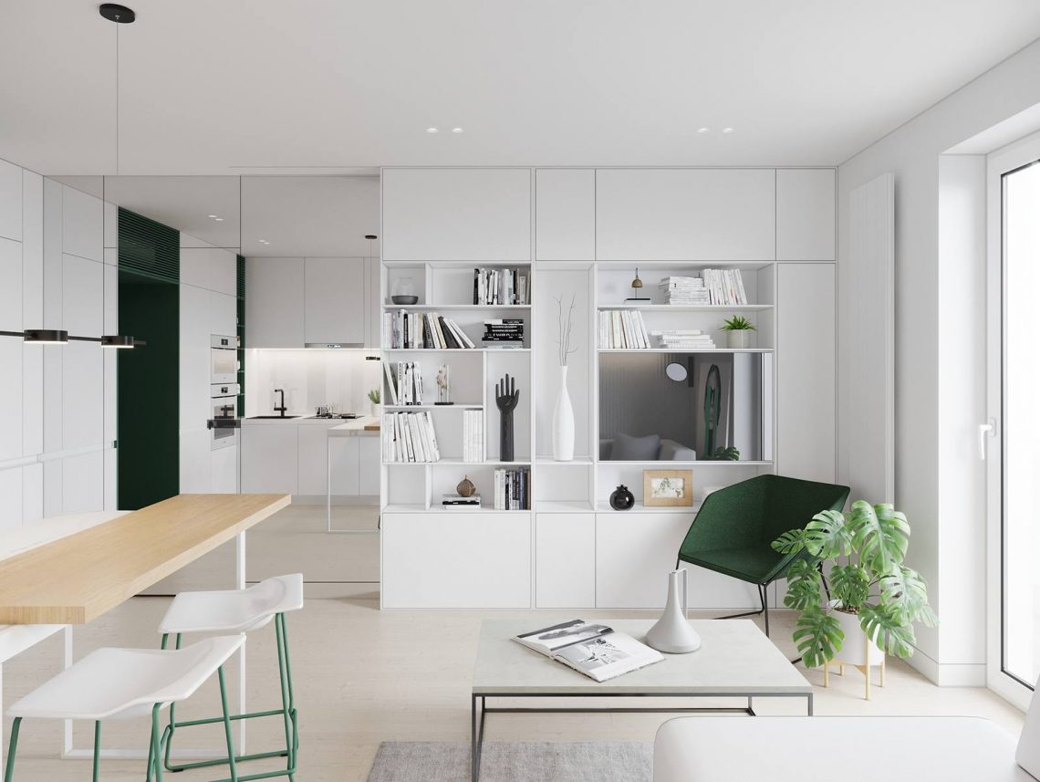 Látványos és különleges: hófehér enteriőr zöld részletekkel - egy szuper mini lakás