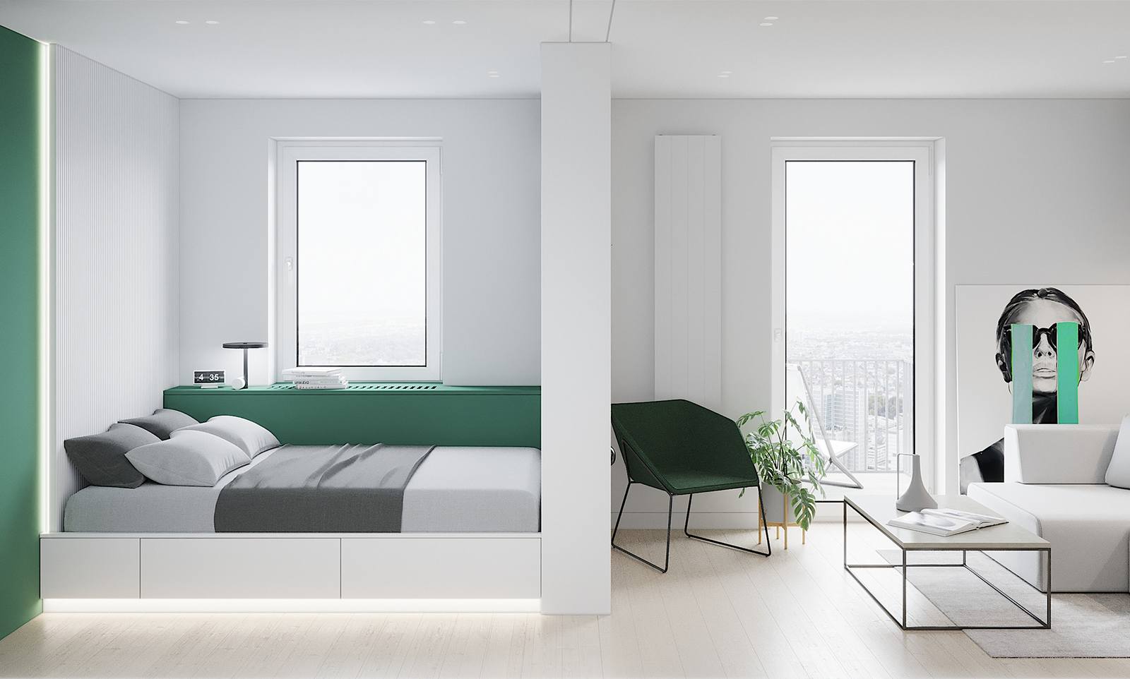 Látványos és különleges: hófehér enteriőr zöld részletekkel - egy szuper mini lakás